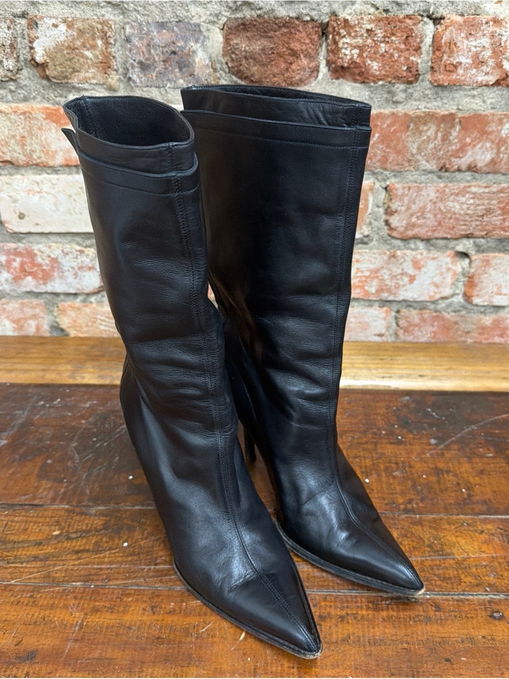 Narciso Rodríguez Black Pointed-Toe Women's Leather Mid-Calf Boots size 8